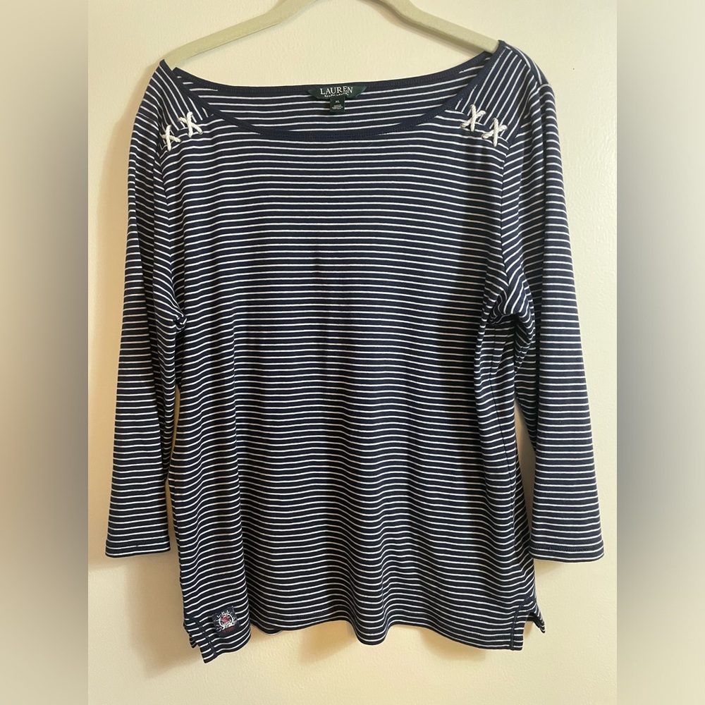 Lauren Ralph Lauren Preppy Sailing Navy & White Striped Boatneck Women's XL Top